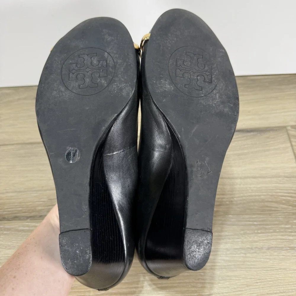 Tory Burch Pacey Women's Black Leather Cap Toe Wedge Pumps Size 9M